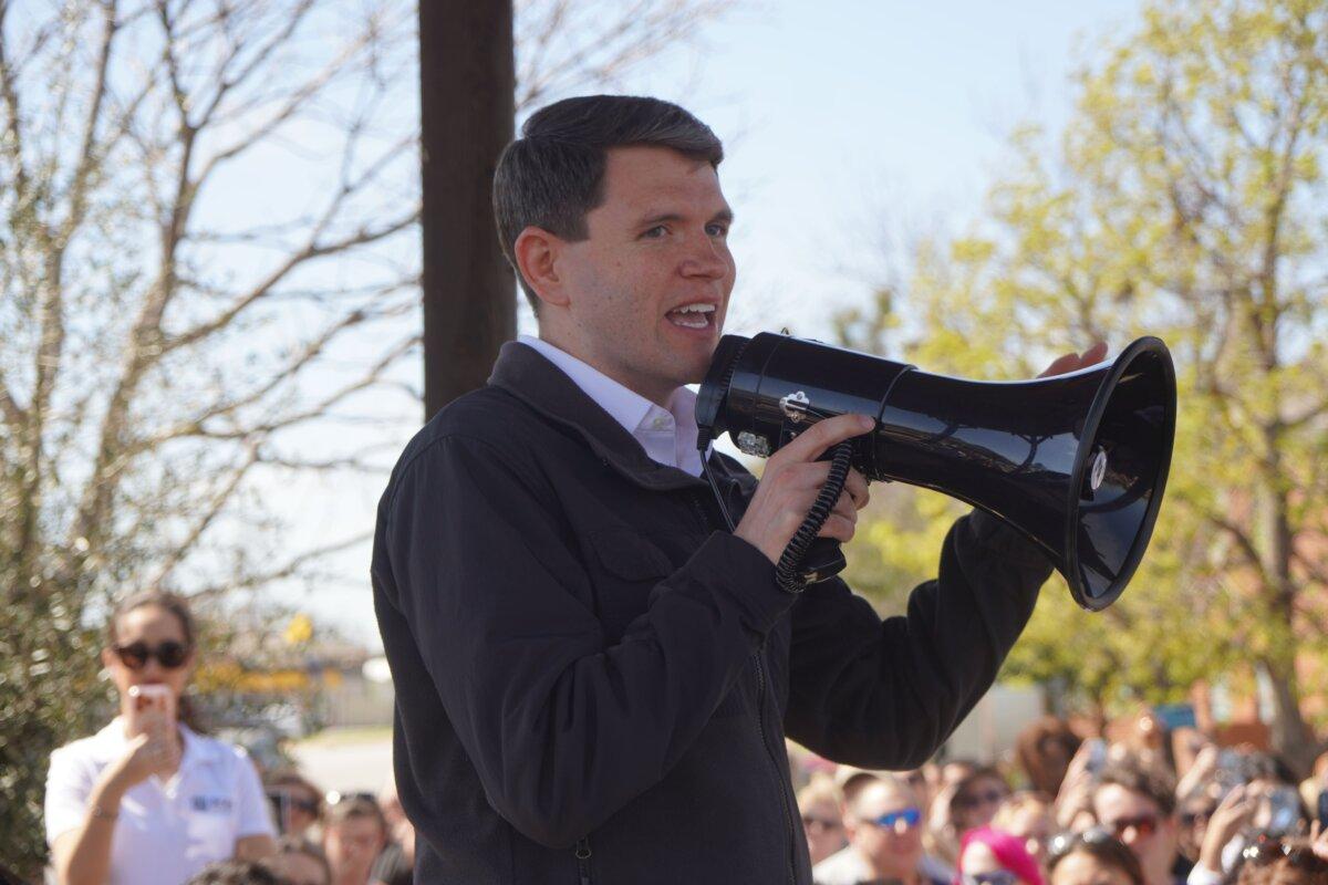 Texas state Rep. James Talarico rallies in Round Rock, Texas, on March 3, 2026. Talarico is running for the Democratic Senate nomination against Rep. Jasmine Crockett (D-Texas). (Nathan Worcester/The Epoch Times)