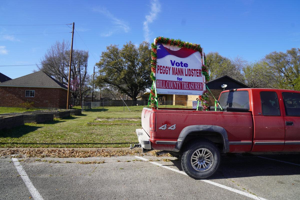 A truck outside a polling place in Hillsboro, Texas, on March 3, 2026. Texas is holding its primaries ahead of the midterms. (Nathan Worcester/The Epoch Times)