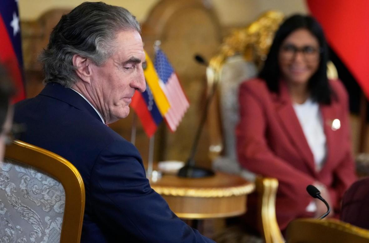 U.S. Interior Secretary Doug Burgum (L) meets Venezuelan acting President Delcy Rodriguez at the Miraflores presidential palace in Caracas, Venezuela, on March 4, 2026. (Ariana Cubillos/AP)