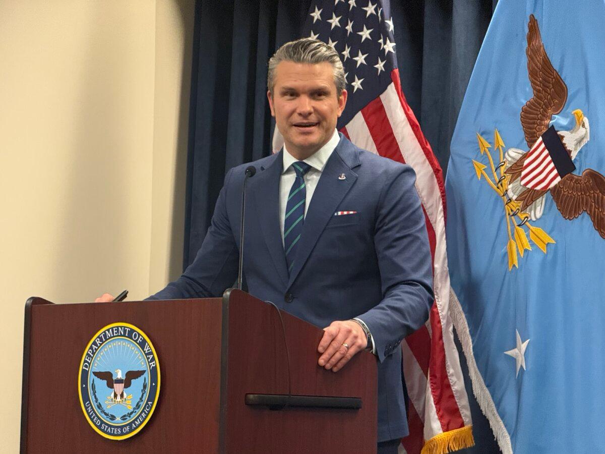 Secretary of War Pete Hegseth speaks at a press conference at CENTCOM headquarters in MacDill Air Force Base in Tampa, Fla., on March 5, 2024. (TJ Muscaro/The Epoch Times)