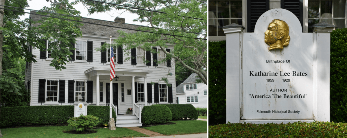(Left) Birthplace of Katherine Lee Bates, West Main Street, Falmouth, Mass. (<a href="https://en.wikipedia.org/wiki/Katharine_Lee_Bates#/media/File:Katherine_Lee_Bates_House,_Falmouth,_MA.jpg">Elisa.rolle/CC BY-SA 4.0</a>) (Right) Sign in front marking Bates as author of "America the Beautiful." (Chris Rycroft/CC BY-SA 2.0)