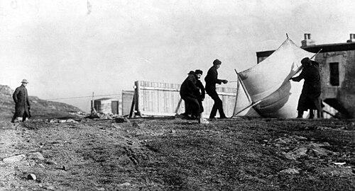 Marconi and associates raising the antenna by kite at St. John's, Newfoundland in December 1901 in preparation for the transatlantic radio transmission on Dec. 11, 1901. (Public Domain)