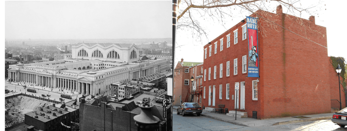(Left) New York's original Pennsylvania Station, which was demolished in 1963. (Right) The Babe Ruth Birthplace in Baltimore, which is still standing. (Public Domain)