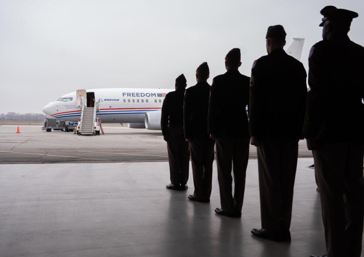 An honor guard greets the arrival of the Freedom Plane carrying seven of America's Revolutionary War-era documents in Kansas City, Mo., on March 2, 2026. (Courtesy National Archives Foundation)