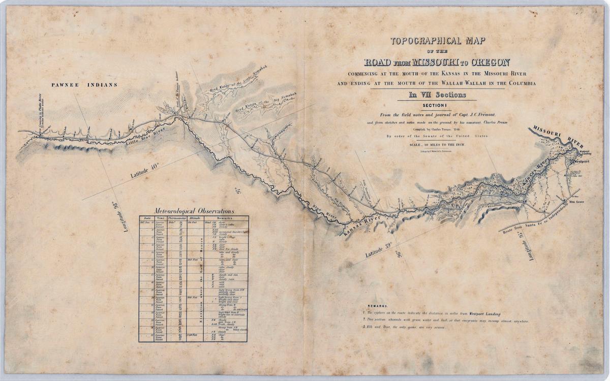"Topographical Map of the Road From Missouri to Oregon," 1846, from the field notes of Capt. J.C. Frémont and sketches by his assistant Charles Preuss. National Archives. (Public Domain)