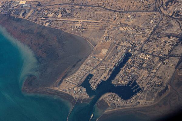 An aerial view of the Iranian shores and Port of Bandar Abbas in the Strait of Hormuz on Dec. 10, 2023. (STR/Reuters)