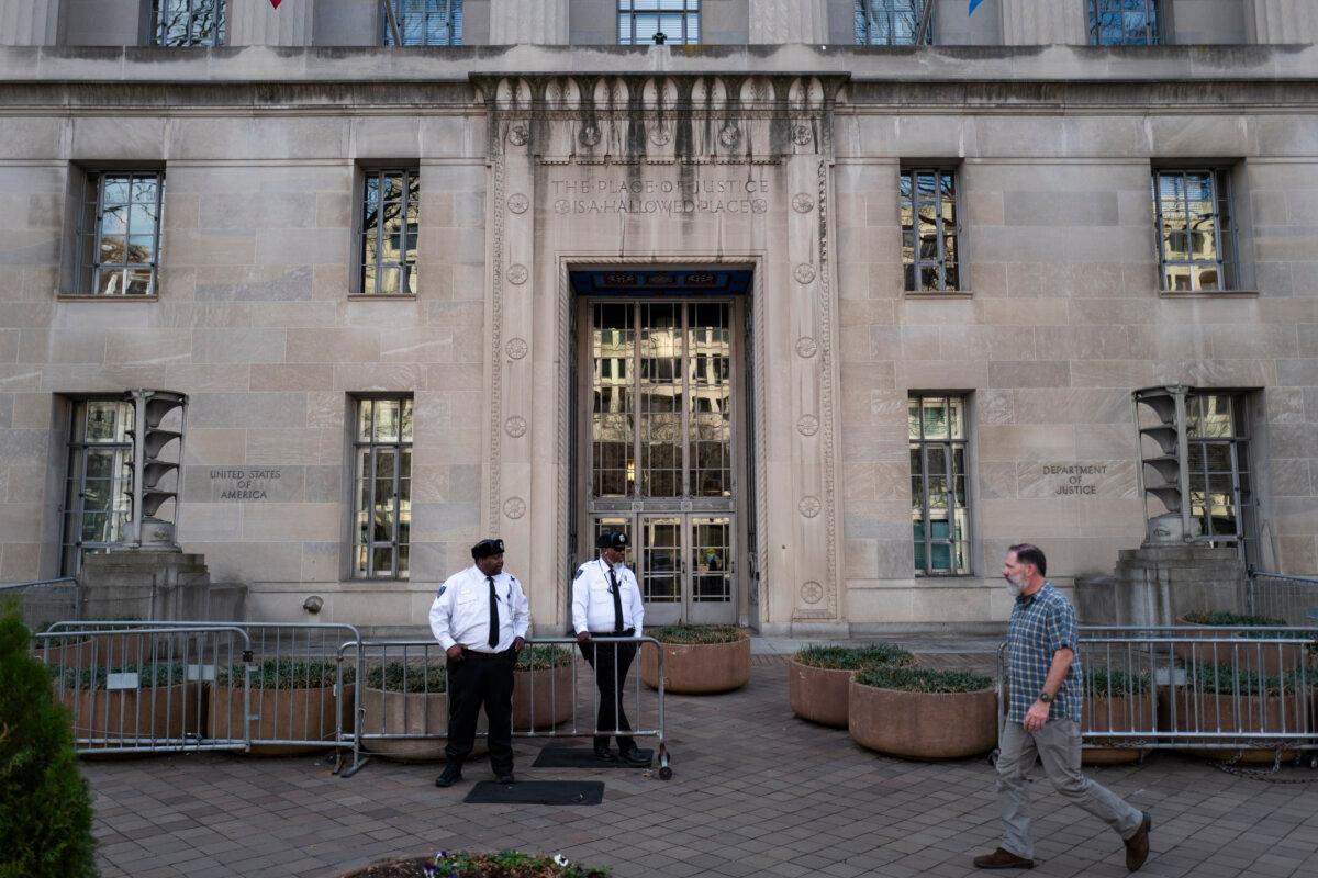 The Department of Justice in Washington on March 11, 2026. (Madalina Kilroy/The Epoch Times)