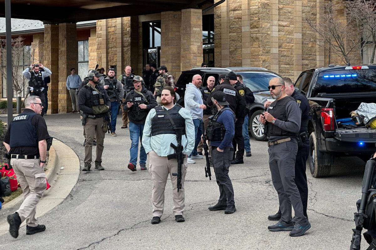 Law enforcement responds to a call at Temple Israel synagogue in West Bloomfield Township, Mich., on March 12, 2026. (Corey Williams/AP Photo)