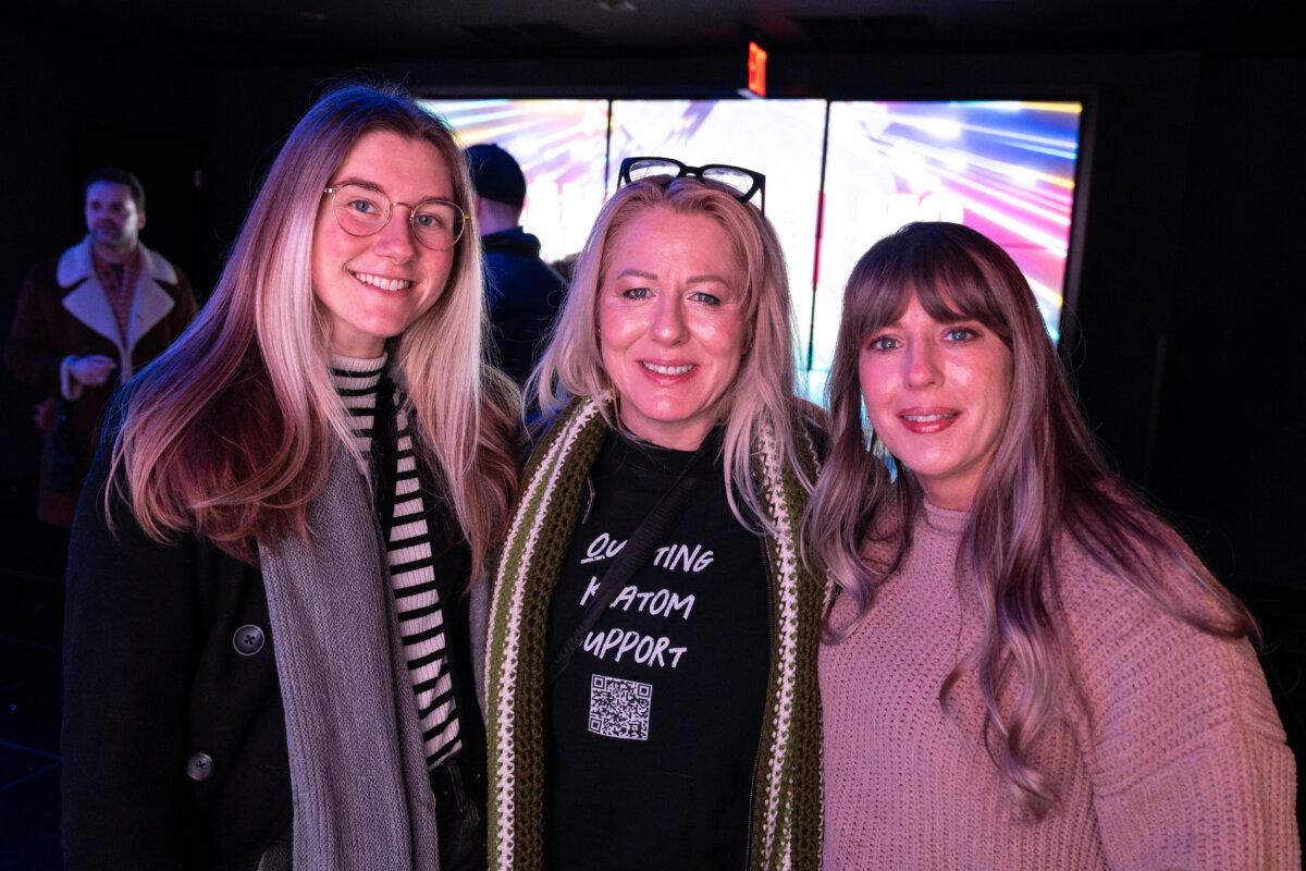 (L–R) Hilary Tesluck, Decima Davis, and Natalie Melvin, who run the KratomQuitters.com online peer-support group, at the world premiere of a documentary, “Kratom: Side Effects May Include,” at the Regal Union Square theater in New York City on Jan. 18, 2026. (Samira Bouaou/The Epoch Times)