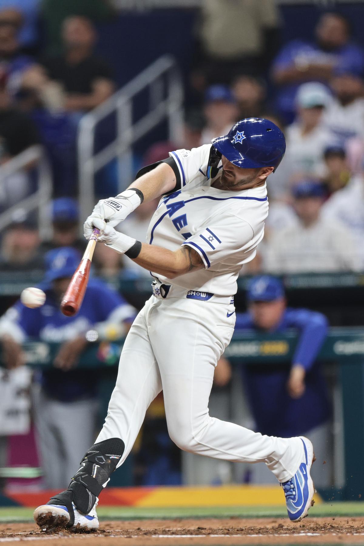 Spencer Horwitz #13 of Israel singles during the fifth inning against Nicaragua at LoanDepot park in Miami, Florida, on March 8, 2026. (Carmen Mandato/Getty Images)