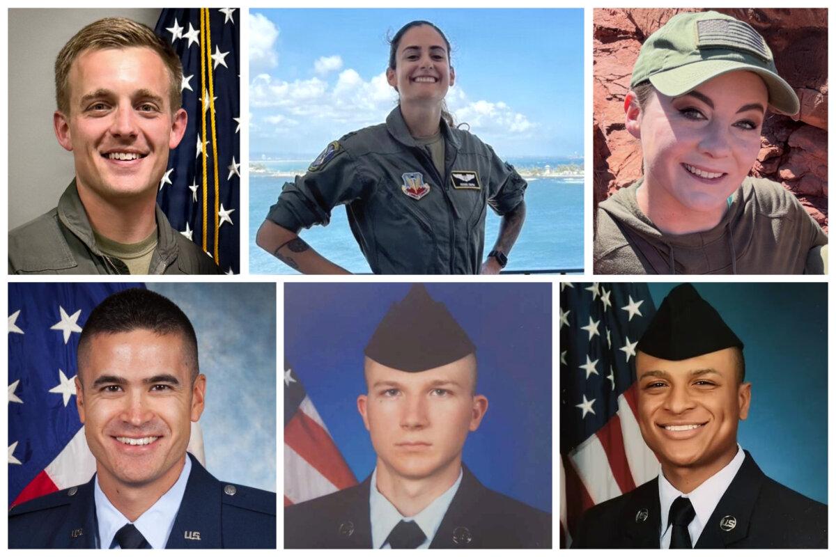 (Top L–R) Maj. John A. Klinner, 33, of Auburn, Ala.; Capt. Ariana G. Savino, 31, of Covington, Wash.; and Tech. Sgt. Ashley B. Pruitt, 34, of Bardstown, Ky. (Bottom L–R) Capt. Seth R. Koval, 38, of Mooresville, Ind.; Capt. Curtis J. Angst, 30, of Wilmington, Ohio; and Tech. Sgt. Tyler H. Simmons. (MacDill Air Force Base, Ohio National Guard)