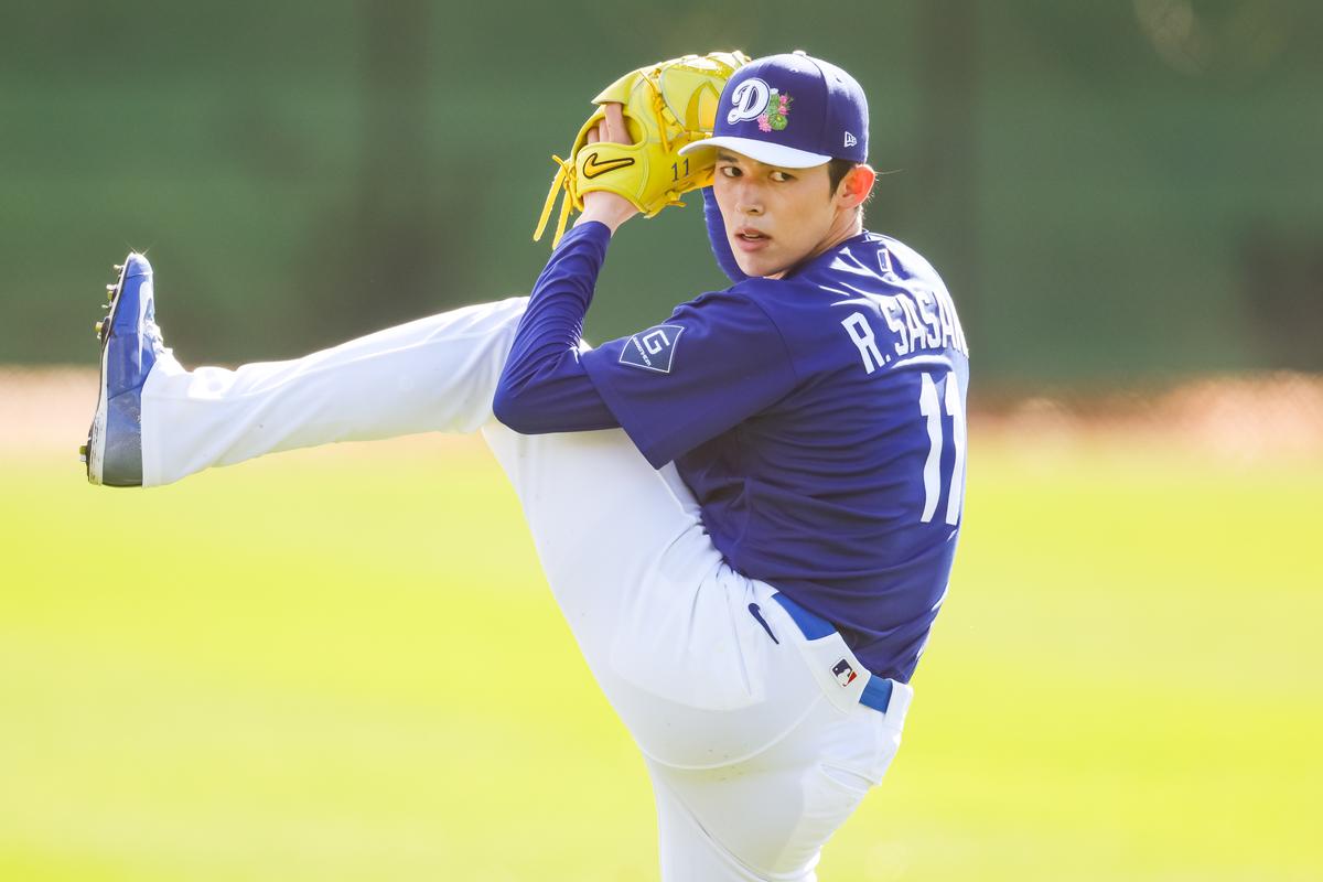 Roki Sasaki of the Los Angeles Dodgers throws during a workout at Camelback Ranch in Glendale, Arizona, on Feb. 17, 2026. (Mike Christy /Getty Images)