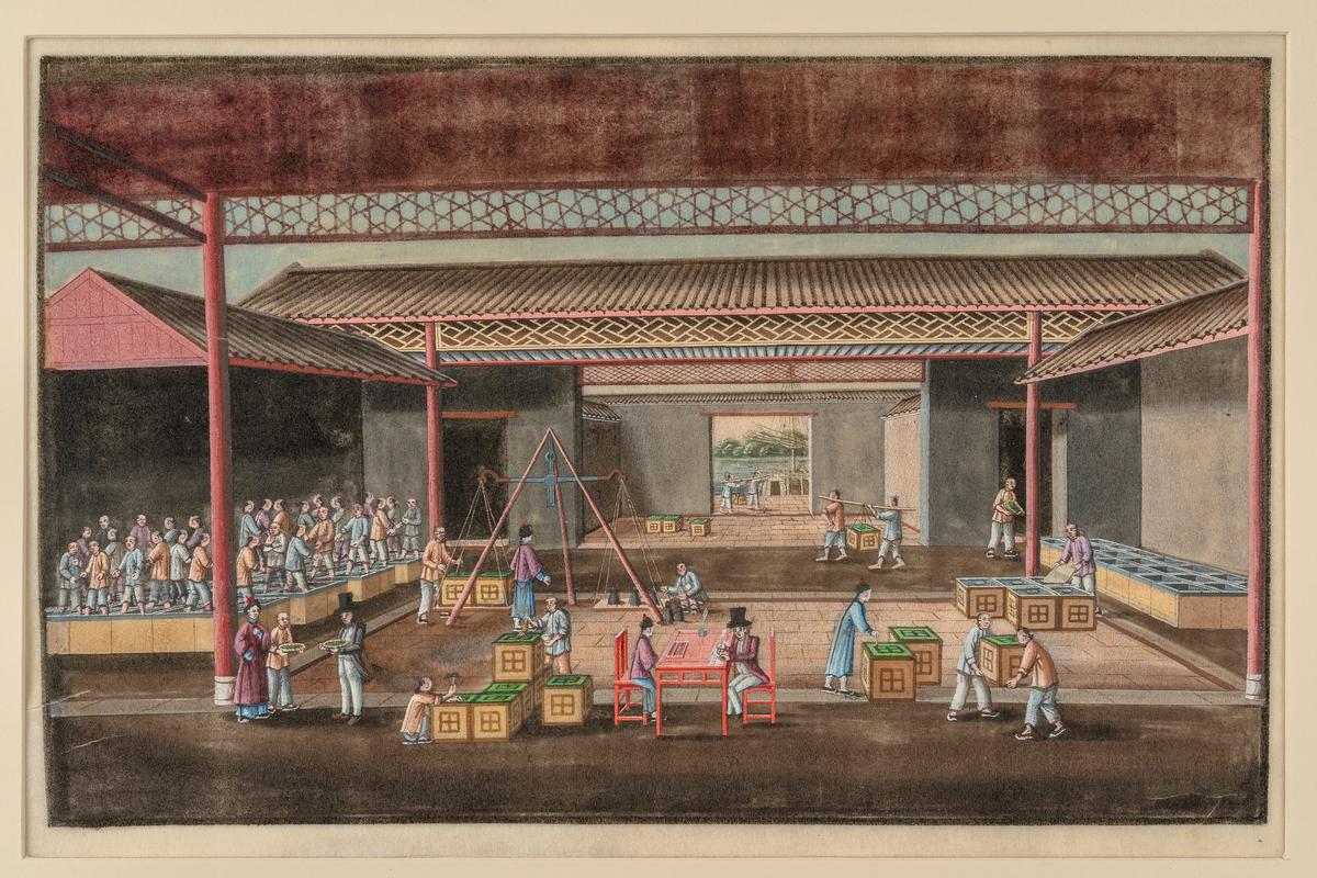 "A Tea Hong at Canton," 19th century, by unidentified Chinese artist. Gouache on paper. (Courtesy of Independence Seaport Museum)