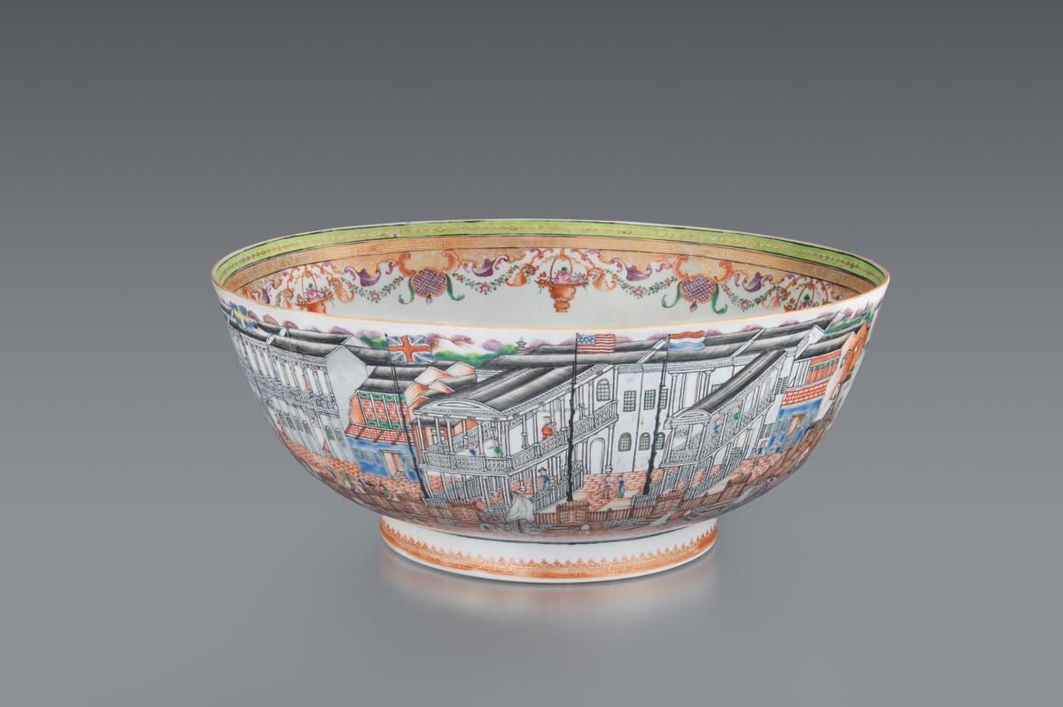 Punch bowl, circa 1784, manufactured in Jingdezhen, China; decorated in Canton, China. Porcelain. (Courtesy of Dietrich American Foundation)