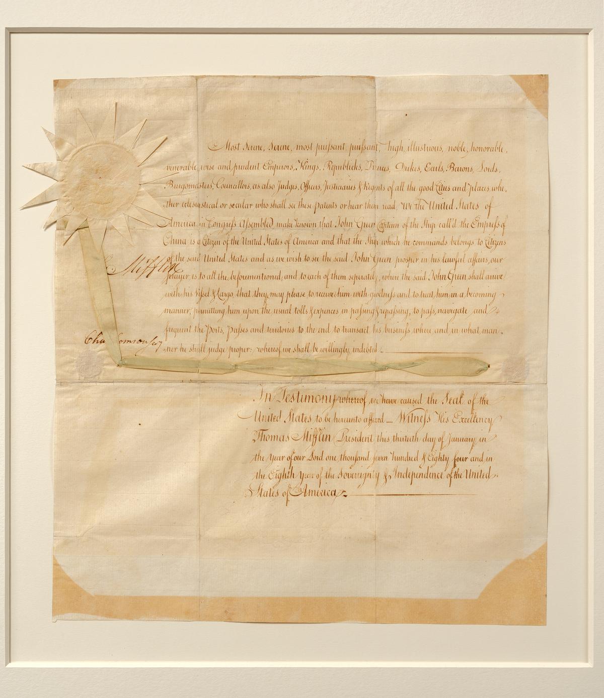 Sea letter, Empress of China Congress of the Confederation of the United States Jan. 13, 1784, Annapolis, Md. (Courtesy of Friends of the Museum)
