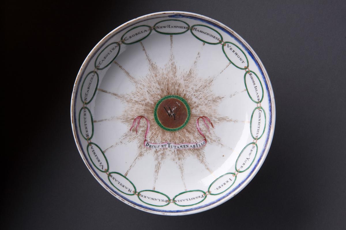 Martha Washington States China saucer, 1795, made and decorated in China. Porcelain (hard paste), enamel, gilt. (Courtesy of the Mount Vernon Ladies’ Association)