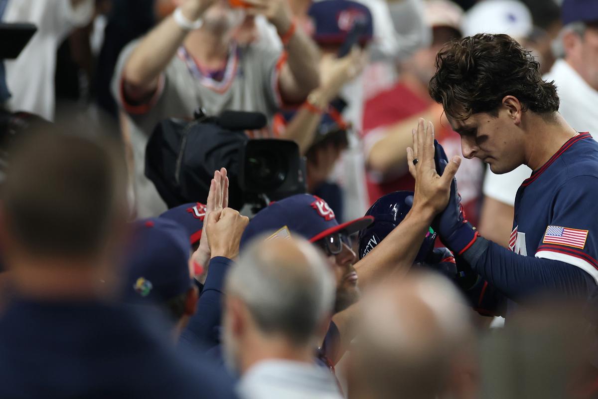 Roman Anthony #3 of Team United States is greeted in the dugout after hitting a solo home run against Team Dominican Republic during the fourth inning at LoanDepot Park in Miami, Fla., on March 15, 2026. (Al Bello/Getty Images)
