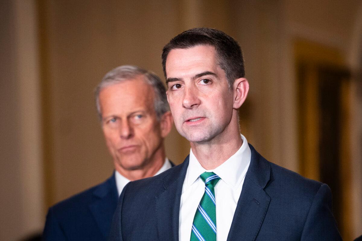 Sen. Tom Cotton (R-Ark.), speaks in Washington on March 17, 2026. (Madalina Kilroy/The Epoch Times)