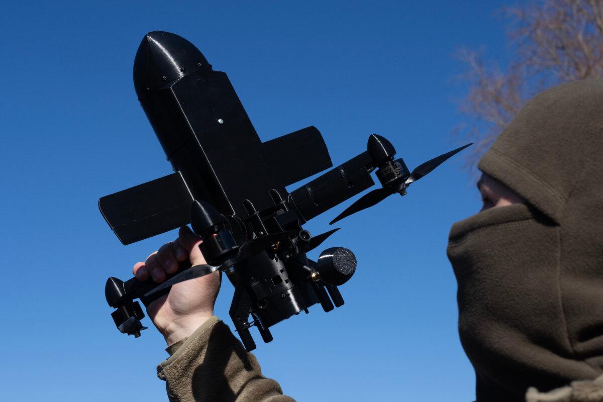 An instructor from the Ukrainian company General Cherry demonstrates the operation of an anti-air interceptor drone designed to destroy Russian attack drones in Kyiv region, Ukraine, on March 11, 2026. (Efrem Lukatsky/AP Photo)
