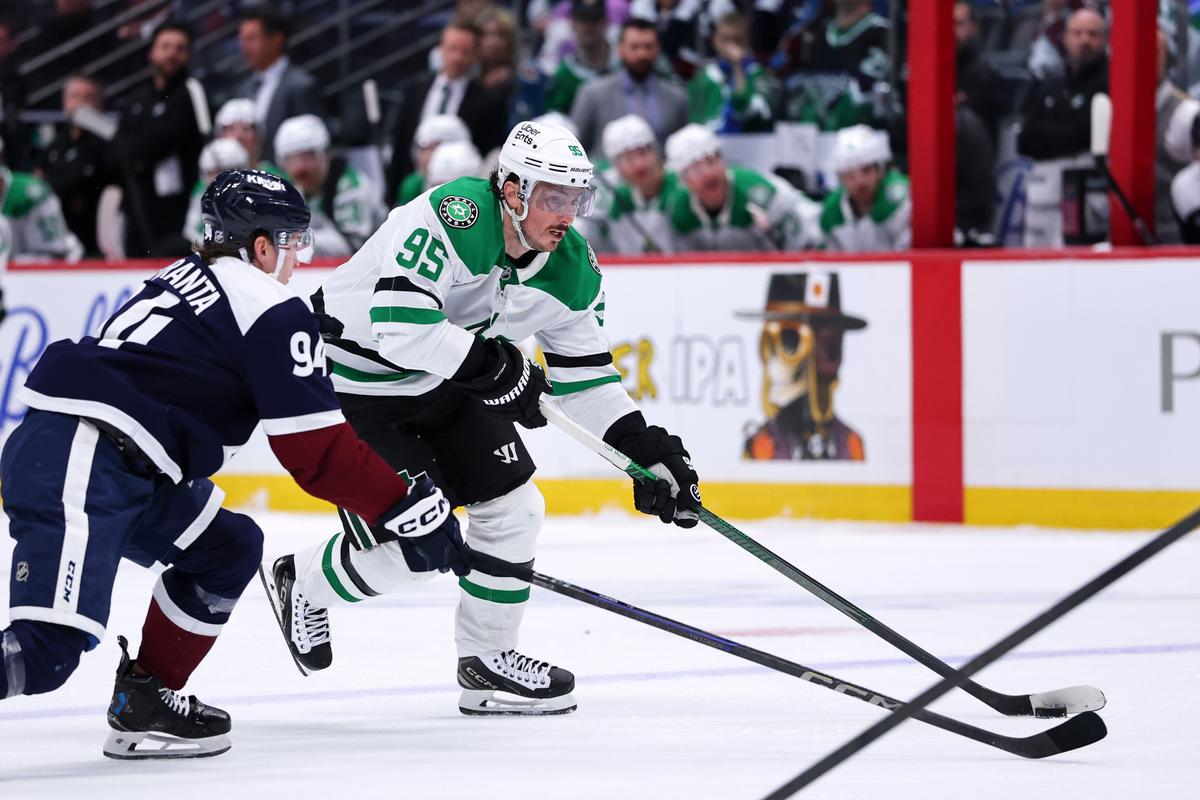 Matt Duchene #95 of the Dallas Stars attacks the net against Joel Kiviranta #94 of the Colorado Avalanche in the third period at Ball Arena in Denver, Colo., on March 18, 2026. (Justin Tafoya/Getty Images)