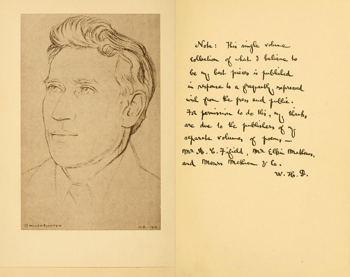 Frontispiece and note from the 1916 compilation “The Collected Poems of William H. Davies,” featuring “Laughing Rose.” Internet Archive. (Public Domain)