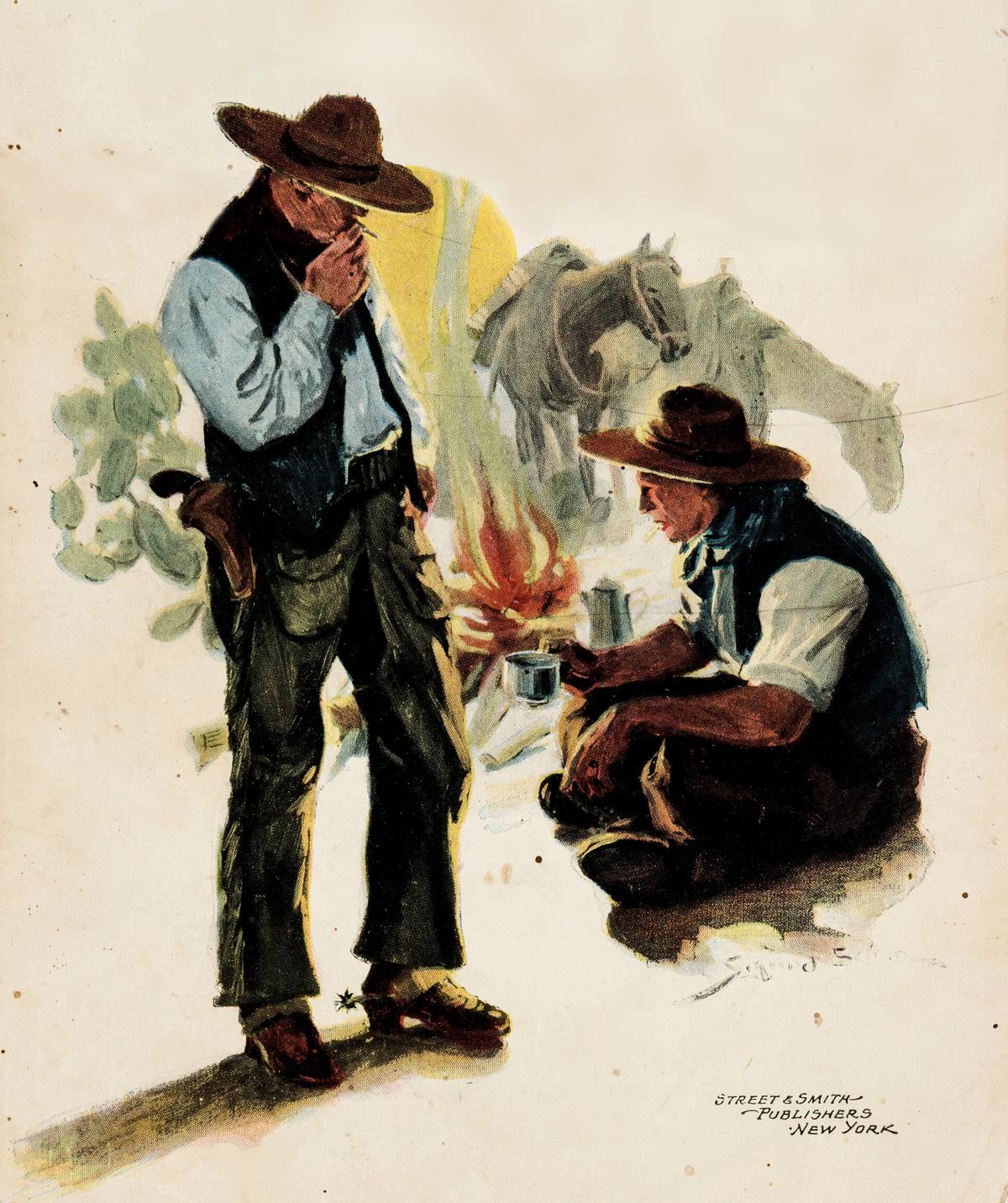 A detail of the cover art from Top-Notch Magazine, September 1910, illustrating two cowboys around a crackling campfire drinking coffee and passing time. (Public Domain)