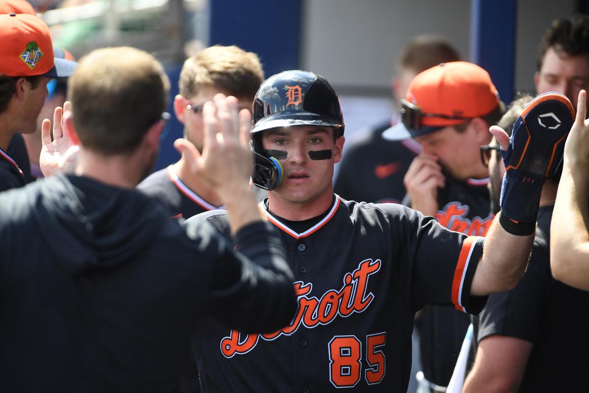 Kevin McGonigle #85 of the Detroit Tigers celebrates scoring a run during the first inning of a spring training game against the Tampa Bay Rays in Port Charlotte, Florida, on Feb. 28, 2026. (Mark Taylor/Getty Images)