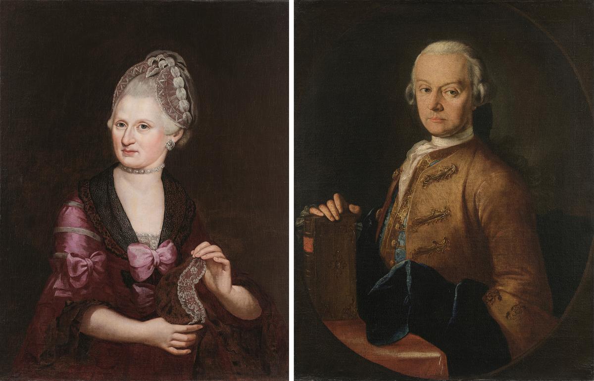 (Left) Portrait of Anna Maria Mozart, circa 1766, attributed to Maria Rosa Hagenauer, née Barducci. (Right) Portrait of Leopold Mozart, circa 1766, by Pietro Antonio Lorenzoni. Oil on canvas. Mozart Museums, International Mozarteum Foundation, Salzburg, Austria. (Courtesy of the Morgan Library & Museum)