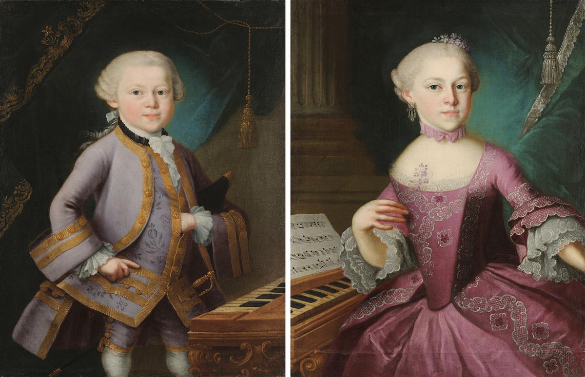 (Left) “Mozart in Courtly Attire,” 1763, by Pietro Antonio Lorenzoni. Oil on canvas. (Right) Portrait of Maria Anna “Nannerl” Mozart, 1763, by Pietro Antonio Lorenzoni. Oil on canvas. Mozart Museums, International Mozarteum Foundation, Salzburg, Austria. (Courtesy of the Morgan Library & Museum)