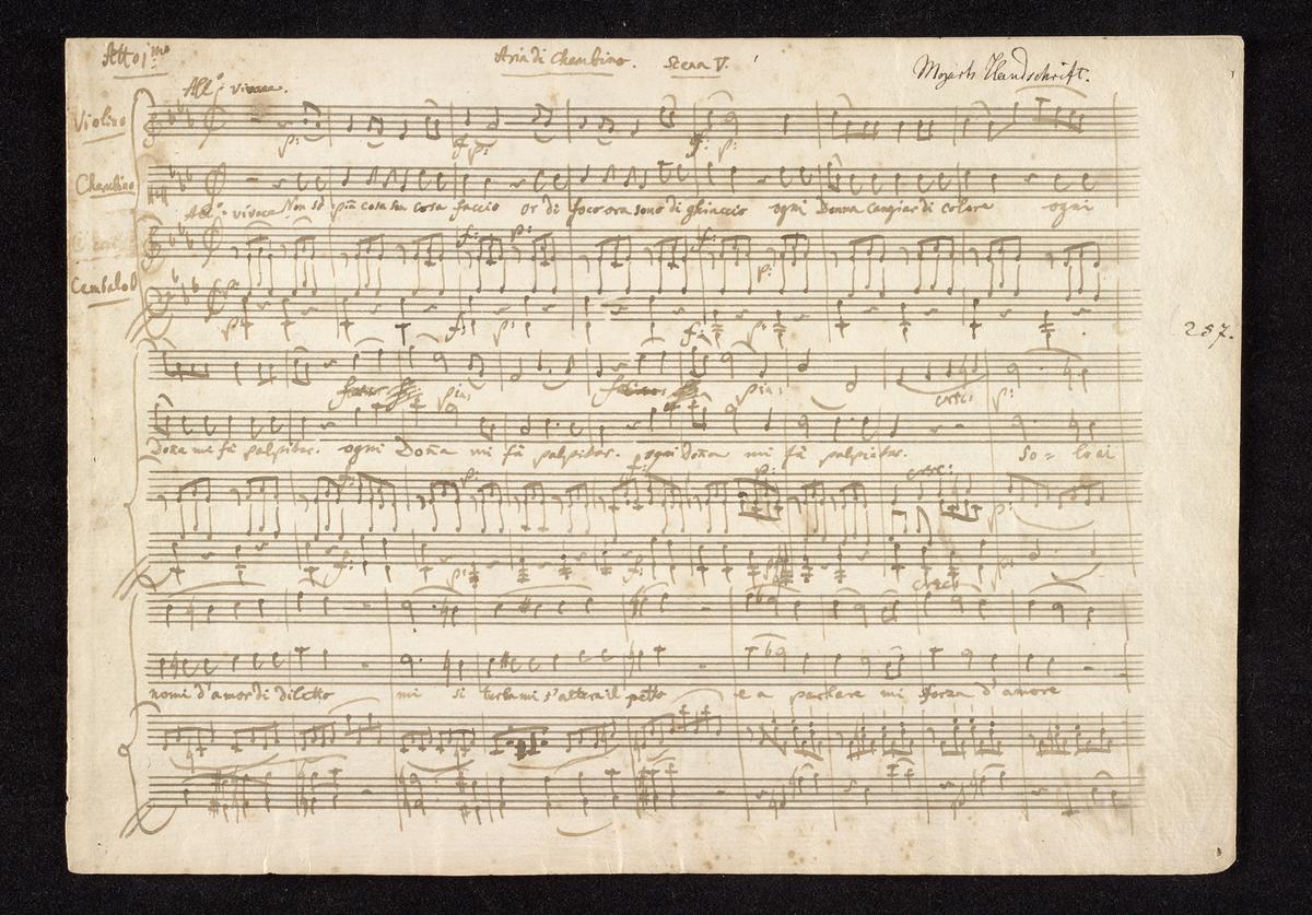 “Non so più cosa son, cosa faccio” (I do not know what I am, what I do) aria from “Le nozze di Figaro” (The Marriage of Figaro, K. 492/6), 1785–1786, autographed manuscript arranged for piano, violin, and voice by Mozart. Heineman Music Collection, Morgan Library & Museum, New York City. (Courtesy of the Morgan Library & Museum)