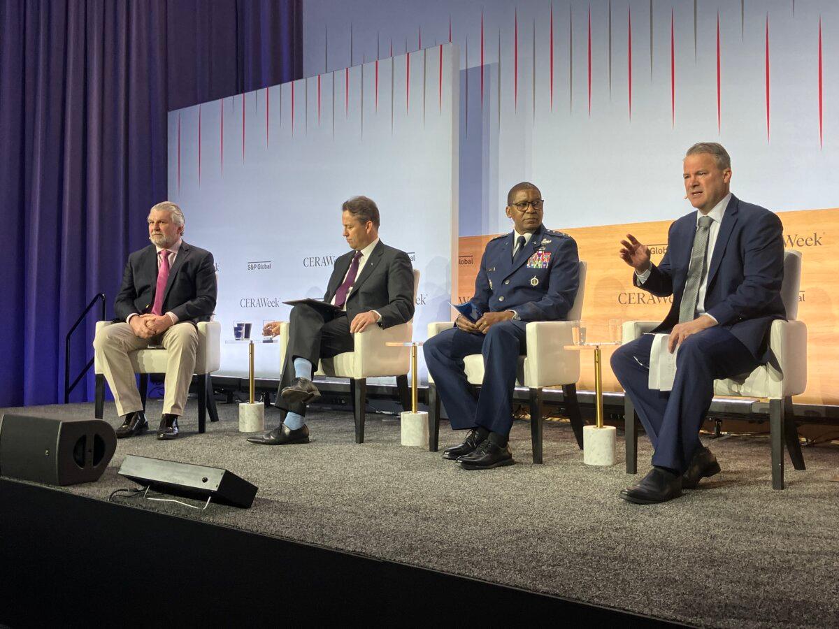 Sankey Research lead financial analyst Paul Sankey (L–R), Oliver Wyman and Marsh Management Associates CEO Nick Studer, U.S. Transportation Command leader Air Force Gen. Randall Reed, and S&P Global Head of Crude Oil Market Research, Energy and Mobility Jim Burkhard participate in a  forum at the 44th annual CERAWeek by S&P Global conference at the Americas Hilton-Houston on March 24, 2026. (John Haughey/The Epoch Times)