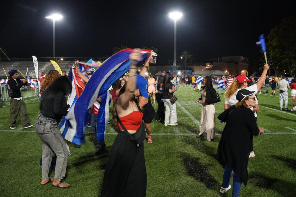 Cuban Americans gathered at a rally for a post-regime Cuba. Following the event, attendees stayed behind to sing and dance together, in Hialeah, Fla., on March 25, 2026. (Troy Myers/Epoch Times)