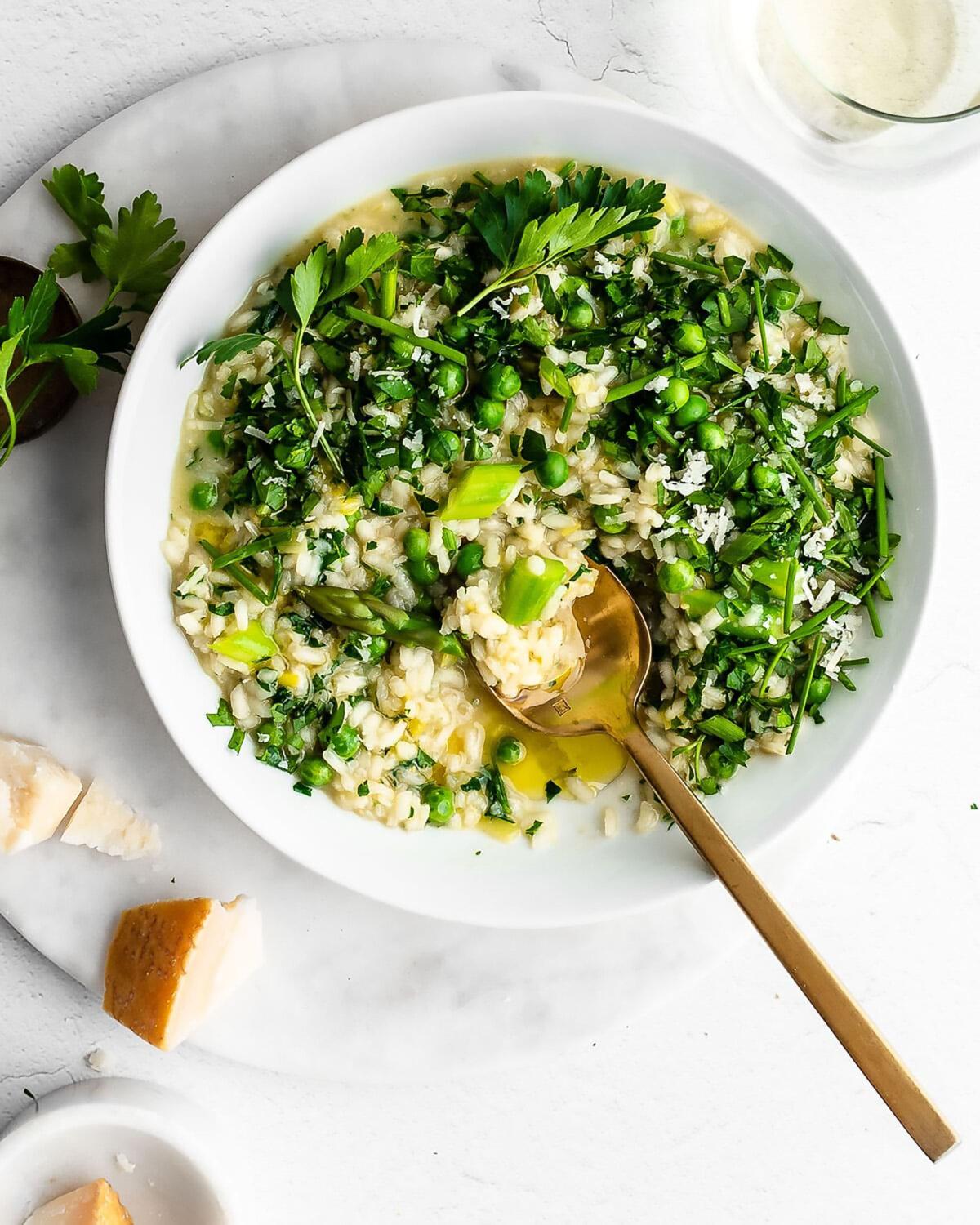 A creamy risotto with fresh spring vegetables is brightened by a touch of lemon zest. (Jennifer McGruther)