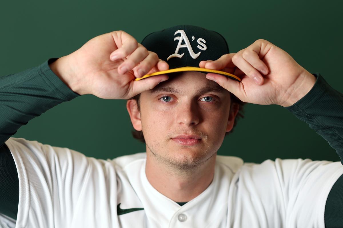 Nick Kurtz #16 of the Athletics poses for a portrait during photo day at HoHoKam Stadium in Mesa, Ariz., on Feb. 20, 2026. (Chris Coduto/Getty Images)