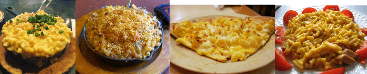 (L–R) Mac 'n' Cheese from BRC Gastropub. (<a href="https://en.wikipedia.org/wiki/Macaroni_and_cheese#/media/File:Original_Mac_n_Cheese_.jpg">Texasfoodgawker/CC BY-SA 4.0</a>) Baked macaroni and cheese. (<a href="https://en.wikipedia.org/wiki/Macaroni_and_cheese#/media/File:8.28.12CheeseburgerMacByLuigiNovi1.jpg">Luigi Novi/CC BY 3.0</a>) Macaroni and cheese pizza. (Abbamouse/CC BY-SA 2.0), and a plate of pre-packaged Kraft macaroni and cheese, served with tomato and sausage. (Matt MacGillivray/CC BY 2.0)