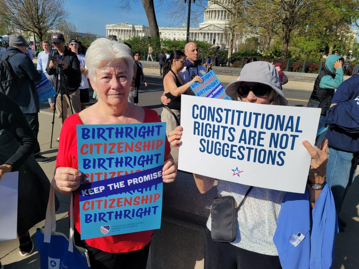 Protesters against Trump's order to restrict birthright citizenship demonstrate outside the Supreme Court on April 1, 2026. (Stacy Robinson/The Epoch Times)