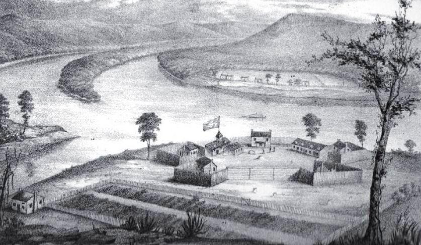 Fort Harmar, constructed in the autumn of 1785 at the confluence of the Ohio and Muskingum rivers, on the west side of the mouth of the Muskingum River. (Public Domain)