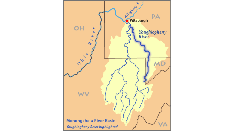 The Youghiogheny River in Pittsburgh where the boat were built for the Ohio Company's westward trek. (<a href="https://commons.wikimedia.org/wiki/User:DanMS">DanMS</a>/<a href="https://creativecommons.org/licenses/by-sa/2.5/">CC BY-SA 2.5</a>)