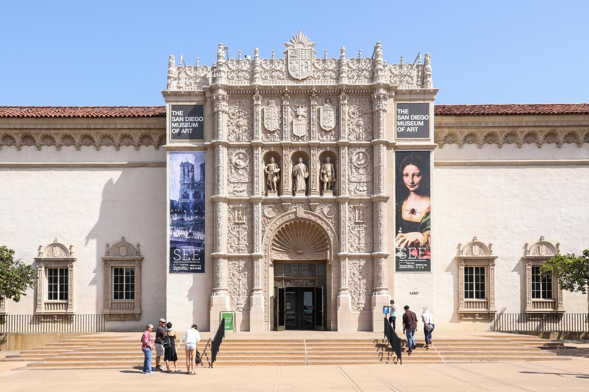 The heavily ornamented, Spanish-influenced entrance to the San Diego Museum of Art was designed to harmonize with structures from the Panama–California Exposition of 1915. (Courtesy of The San Diego Museum of Art)