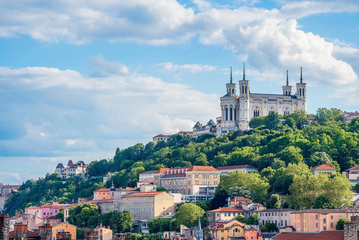 The Basilica of Notre Dame de Fourvière sits on a hill overlooking Lyon. It was built in the late 19th century in a blend of Romanesque and Byzantine architectural styles. (Sergi Formoso/Getty Images)