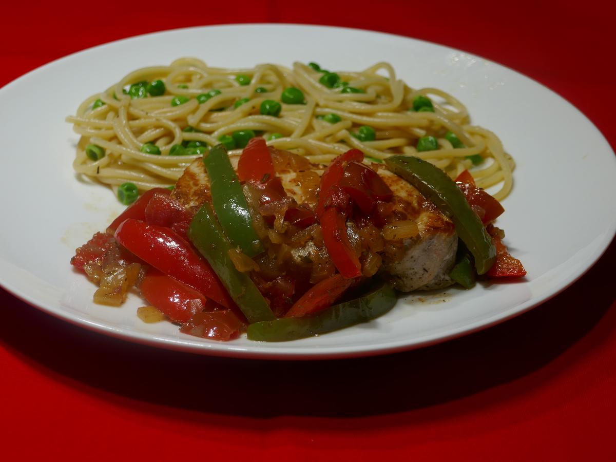 Pork Chops Basque Style With Spaghetti and Peas