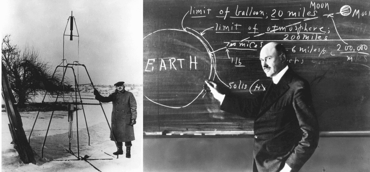 (Left) Robert Goddard testing a rocket in Auburn, Mass., in 1926. (Right) Goddard teaching at Clark University in 1924. (Public Domain)
