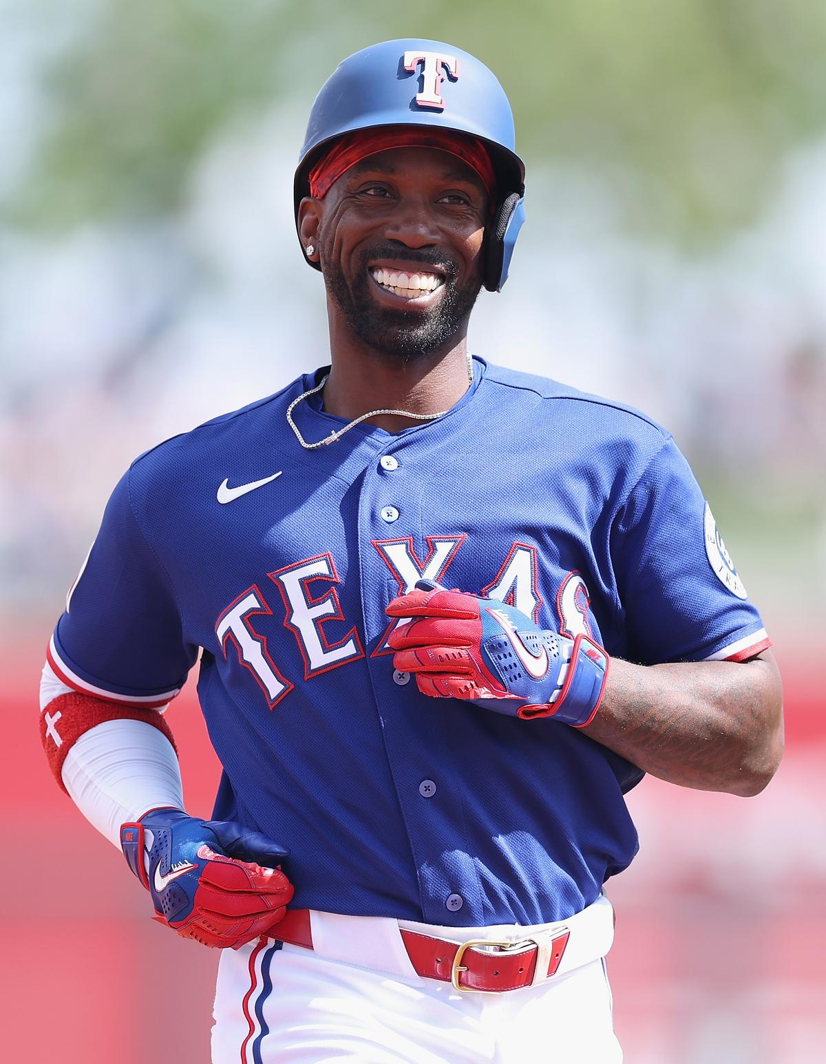 Andrew McCutchen of the Texas Rangers during the spring training game against the Chicago Cubs at Surprise Stadium in Surprise, Ariz., on March 10, 2026. (Christian Petersen/Getty Images)