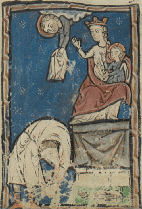 Illustration of Our Lady's Tumbler from the manuscript Arsenal 3516, showing the tumbler performing with his violin on the ground while an angel reaches down to wipe his face. (Public Domain)