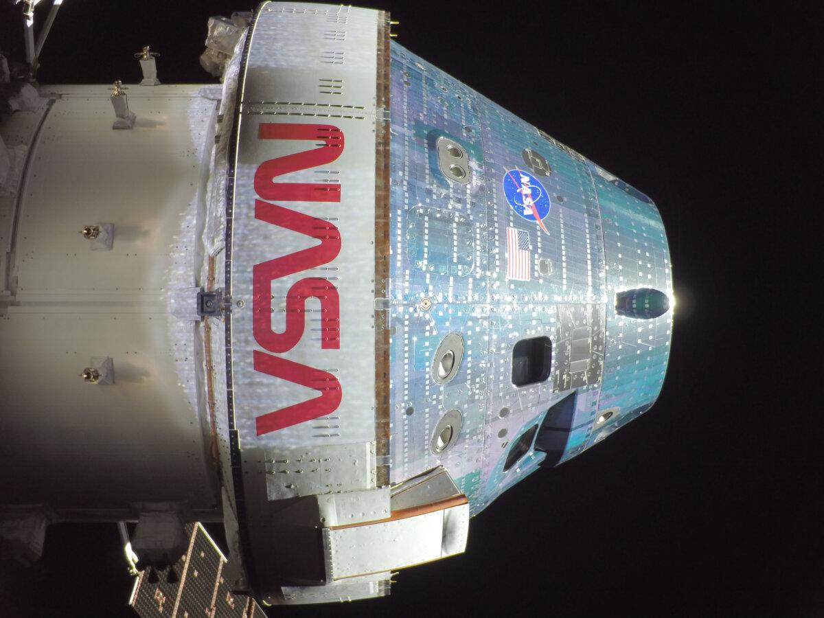 Orion snapped this high-resolution selfie in space with a camera mounted on one of its solar array wings during a routine external inspection of the spacecraft on the second day of the Artemis II mission. (Courtesy of NASA)