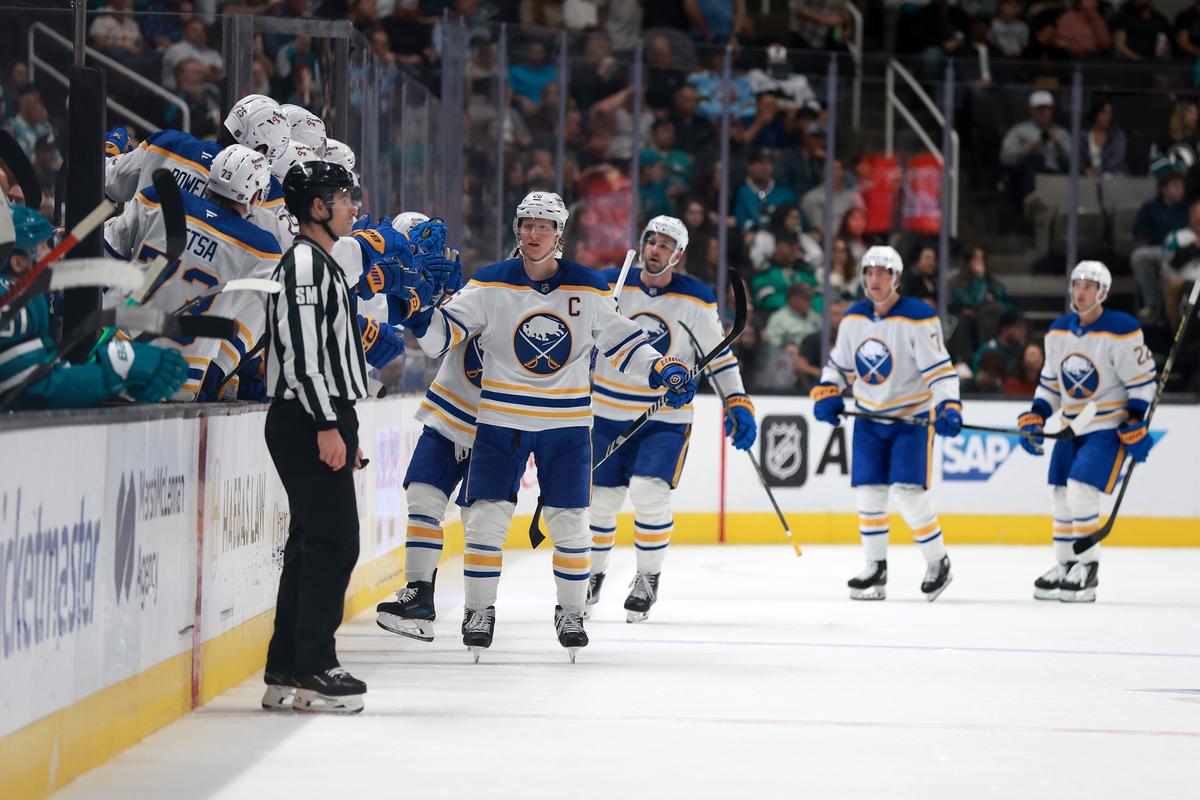 Rasmus Dahlin of the Buffalo Sabres is congratulated by teammates after he scored against the San Jose Sharks during the second period at SAP Center in San Jose, Calif., on March 19, 2026. (Ezra Shaw/Getty Images)