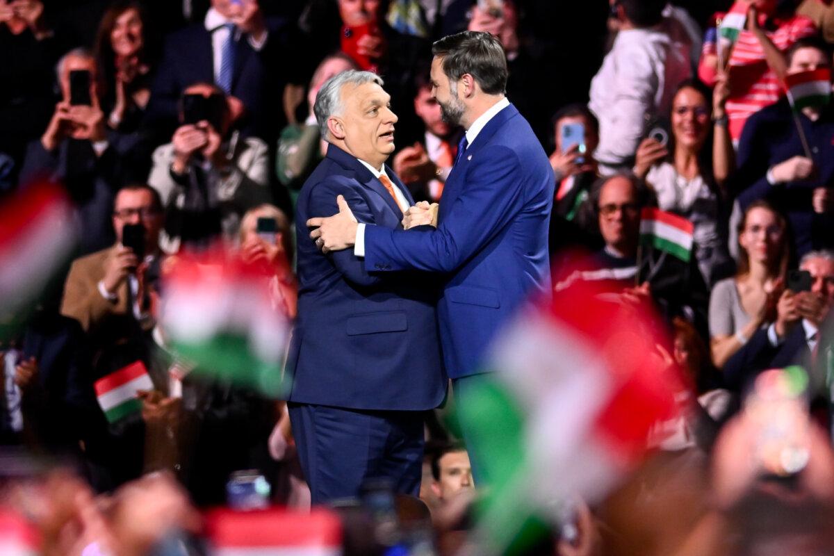 Then-Prime Minister of Hungary Viktor Orban (L) and U.S. Vice President JD Vance shake hands at the end of a pre-election rally in Budapest, Hungary, on April 7, 2026. (Denes Erdos/AP Photo)