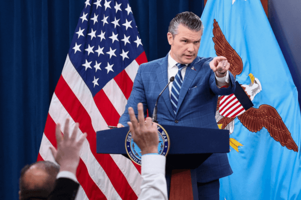U.S. Secretary of War Pete Hegseth holds a news briefing in the Pentagon Press briefing room, at the Pentagon in Arlington, Va., on April 8, 2026. (Kevin Lamarque/Reuters)