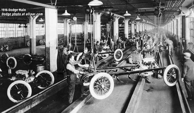 The assembly line at the Dodge Brothers Co. factory, 1916. (Public Domain)