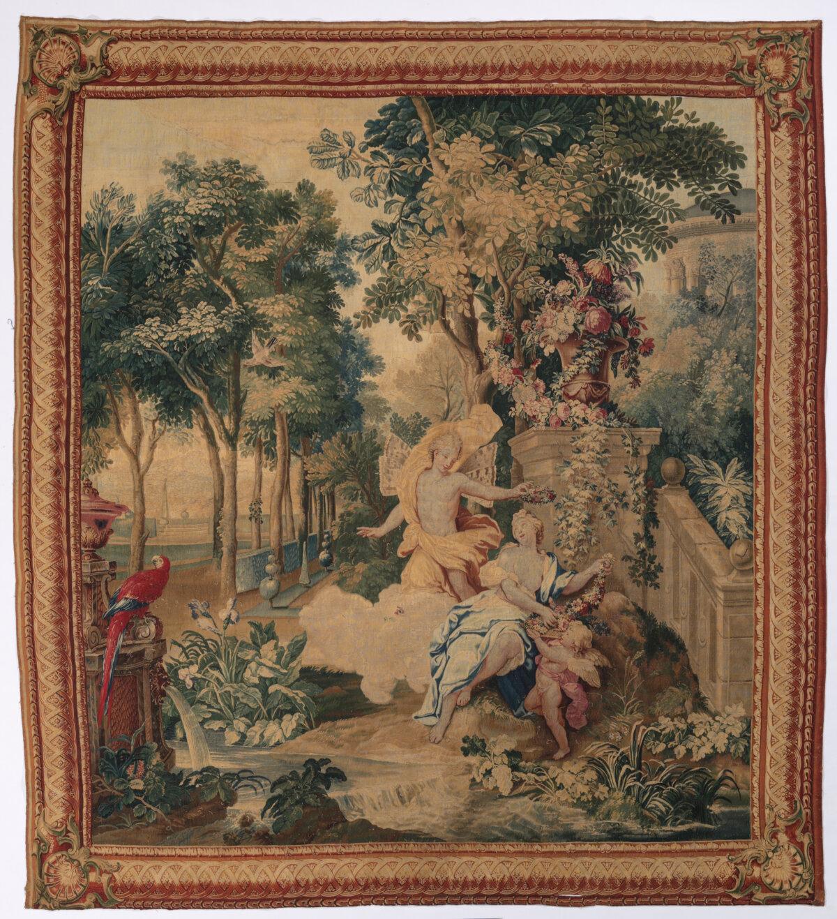 “Flora and Zephyrus (from ‘Set of Ovid's Metamorphoses’),” 1704–1731, by Gobelins Manufactory, Paris. Tapestry weave; 127 3/4 inches by 116 1/8 inches. Gift of Mrs. Matthias Plum; Cleveland Museum of Art, Ohio. (Public Domain)<br/><br/>
